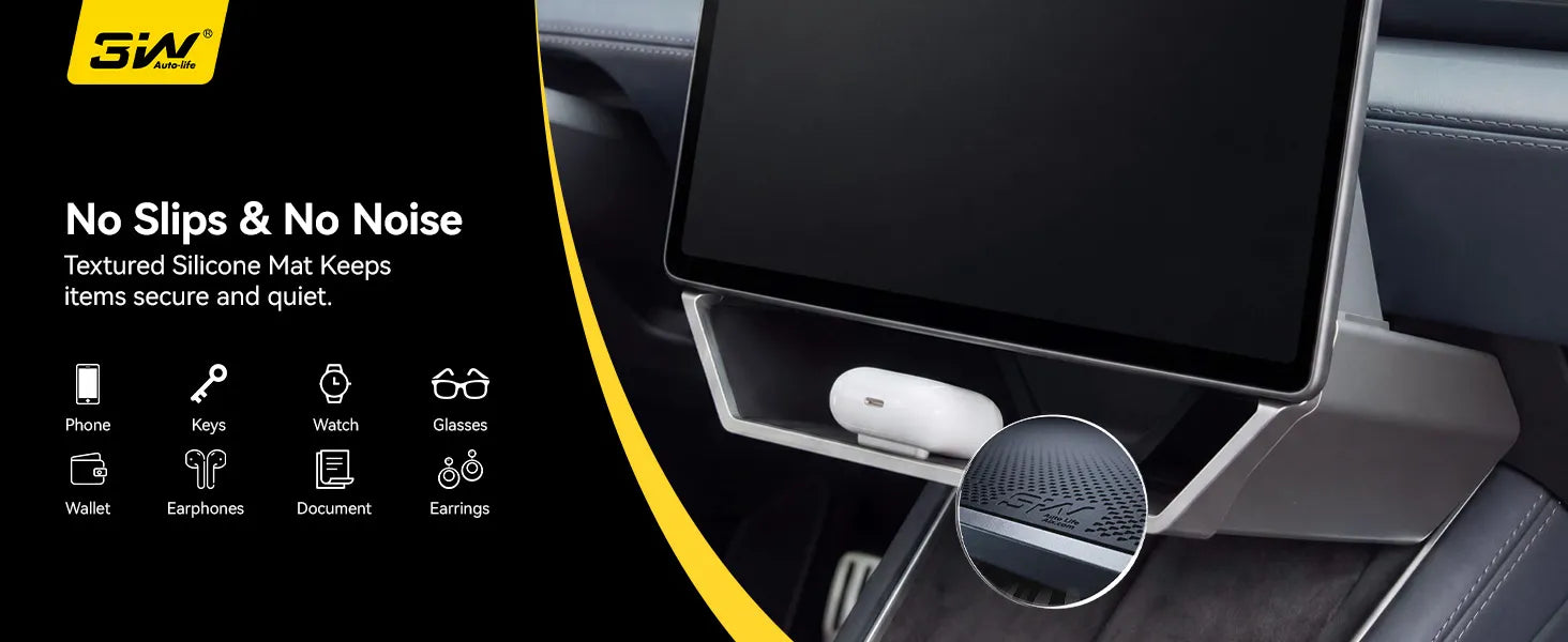 3W Custom Fit Magnetic Under Screen Storage Box and Center Console Organizer Tray installed in a Tesla Model Y Juniper 2025-2026 and Model 3 Highland 2024-2026