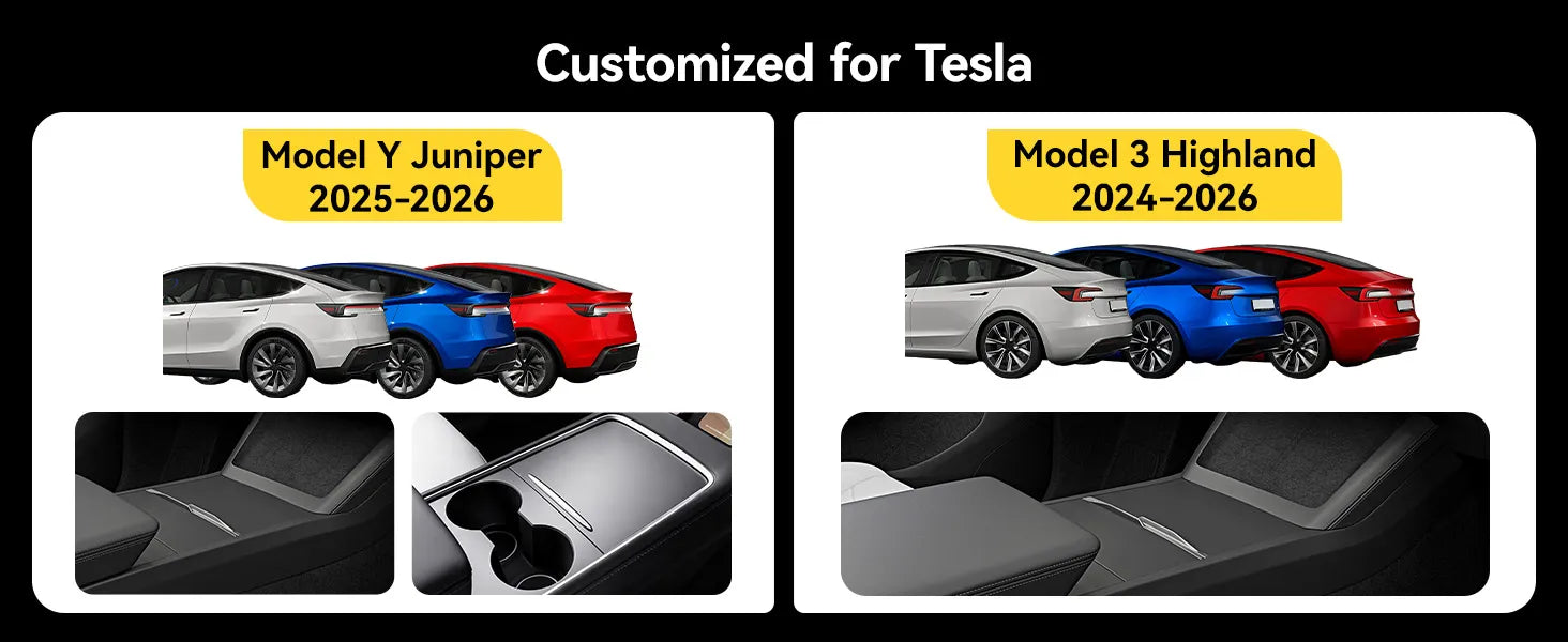 3W Custom Fit Magnetic Under Screen Storage Box and Center Console Organizer Tray installed in a Tesla Model Y Juniper 2025-2026 and Model 3 Highland 2024-2026
