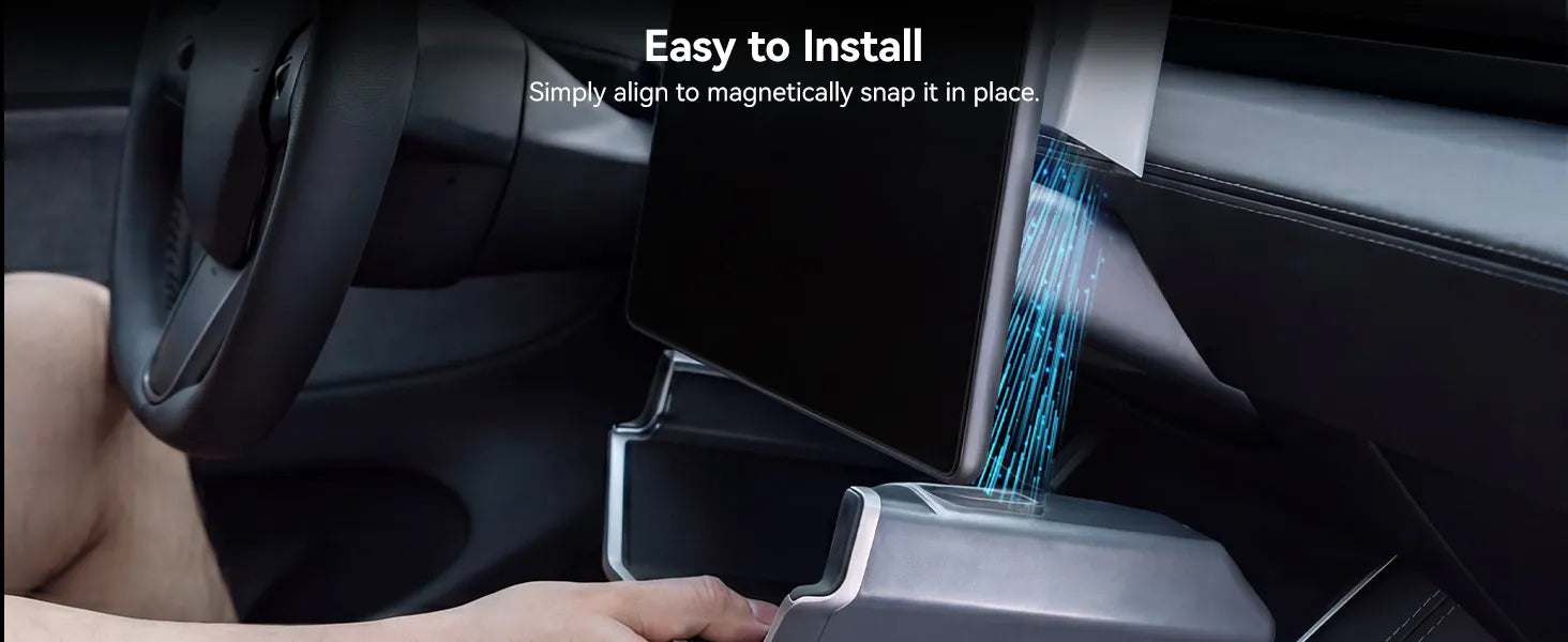 3W Custom Fit Magnetic Under Screen Storage Box and Center Console Organizer Tray installed in a Tesla Model Y Juniper 2025-2026 and Model 3 Highland 2024-2026