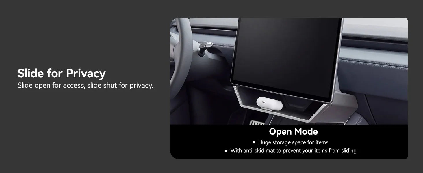 3W Custom Fit Magnetic Under Screen Storage Box and Center Console Organizer Tray installed in a Tesla Model Y Juniper 2025-2026 and Model 3 Highland 2024-2026