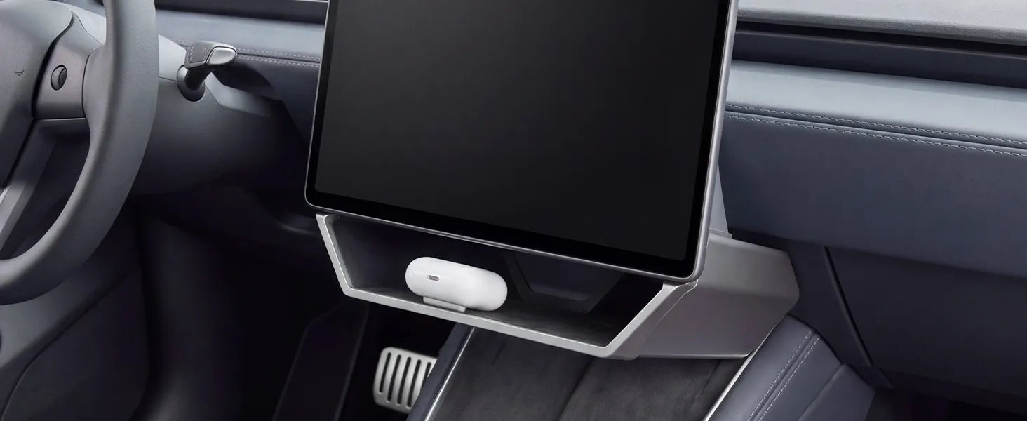 3W Custom Fit Magnetic Under Screen Storage Box and Center Console Organizer Tray installed in a Tesla Model Y Juniper 2025-2026 and Model 3 Highland 2024-2026
