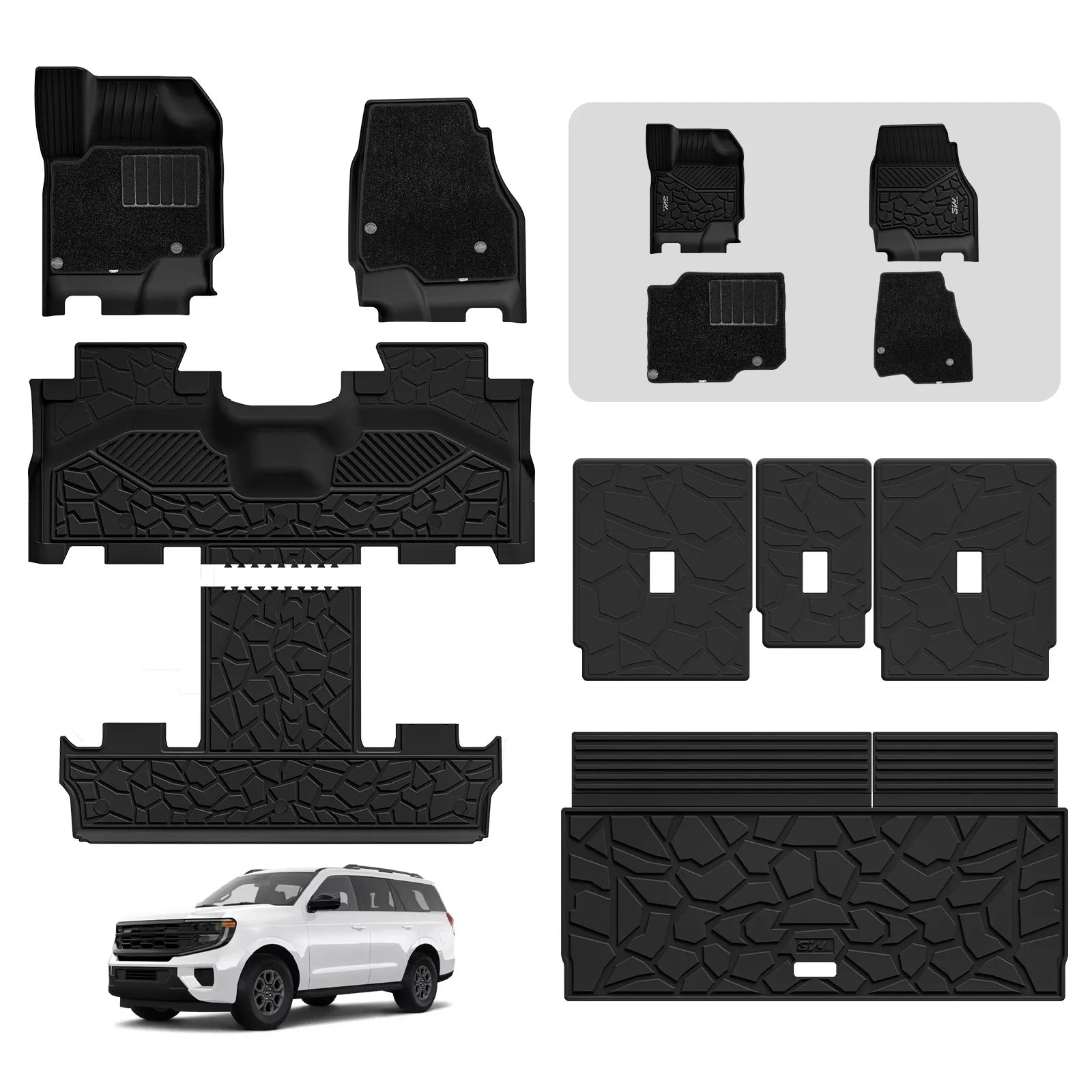 3W All-Weather Custom Fit Floor Mats for 2025-2026 Ford Expedition 7 Seats, Odorless TPE Heavy Duty Car Liners, Waterproof Anti-Slip Protection Full Set