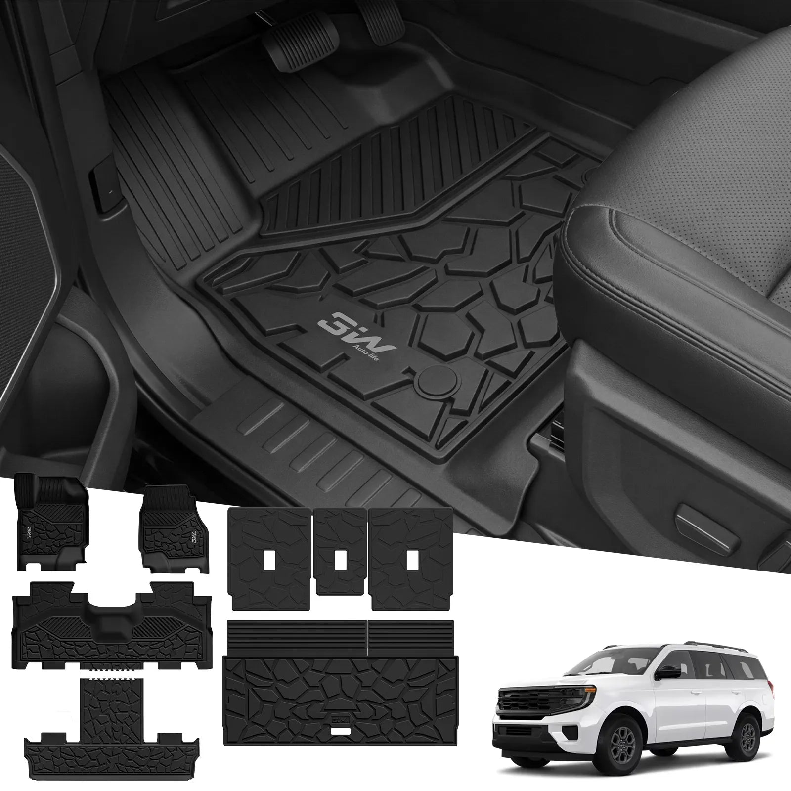 3W All-Weather Custom Fit Floor Mats for 2025-2026 Ford Expedition 7 Seats, Odorless TPE Heavy Duty Car Liners, Waterproof Anti-Slip Protection Full Set