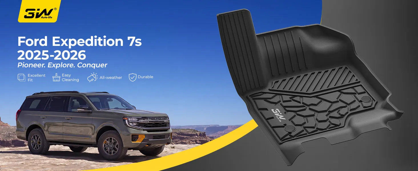 3W All-Weather Custom Fit Floor Mats for 2025-2026 Ford Expedition 7 Seats, Odorless TPE Heavy Duty Car Liners, Waterproof Anti-Slip Protection Full Set