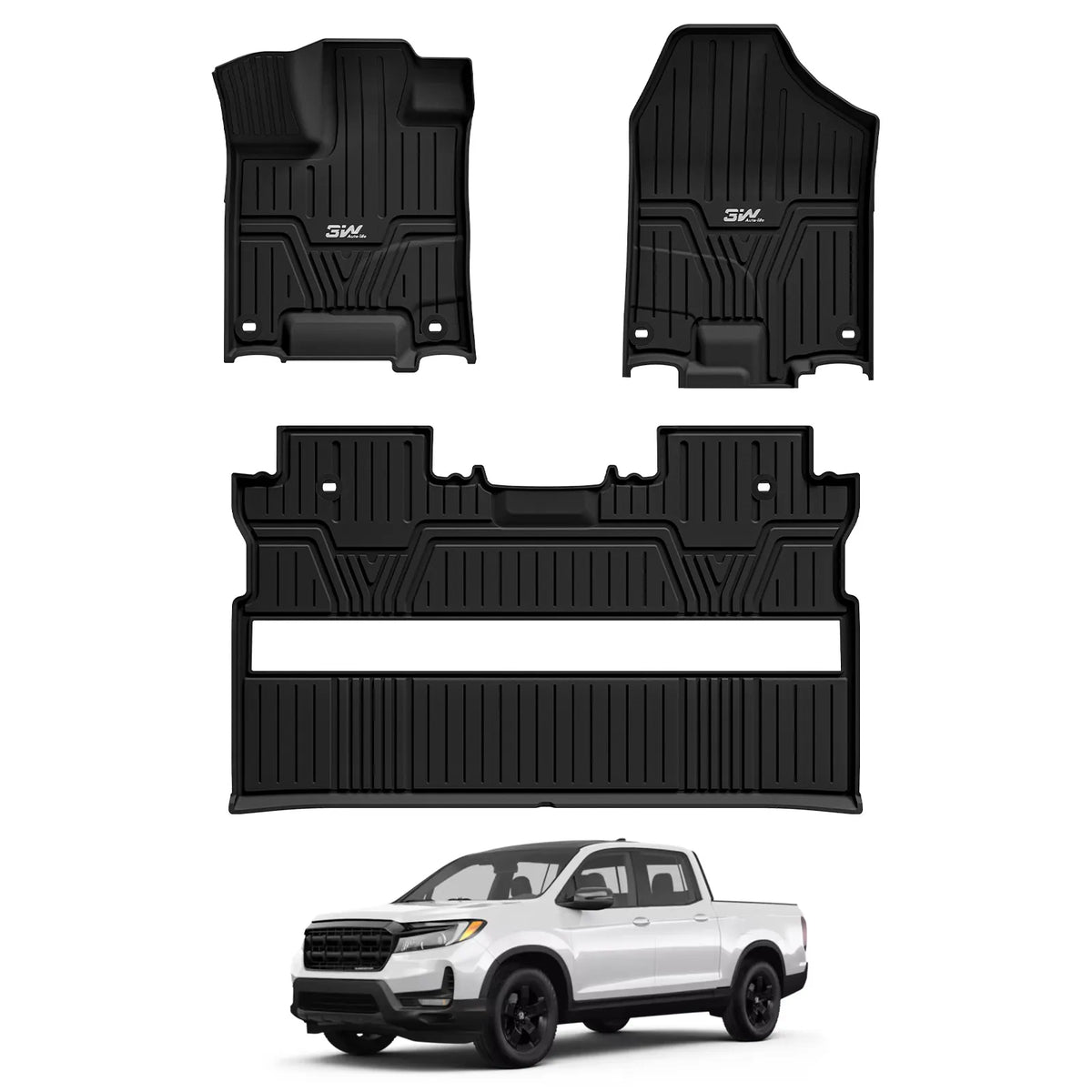 Full set of 3W black custom fit floor mats including driver passenger and 2nd row liner shown above white 2017-2026 Honda Ridgeline pickup truck