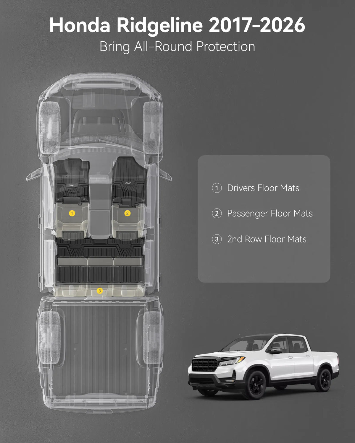 Full set of 3W black custom fit floor mats including driver passenger and 2nd row liner shown above white 2017-2026 Honda Ridgeline pickup truck