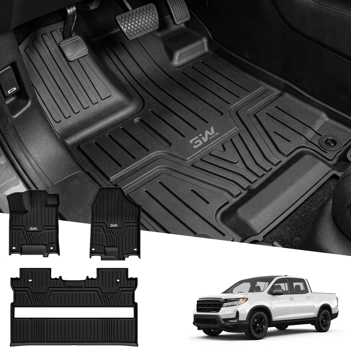 Full set of 3W black custom fit floor mats including driver passenger and 2nd row liner shown above white 2017-2026 Honda Ridgeline pickup truck