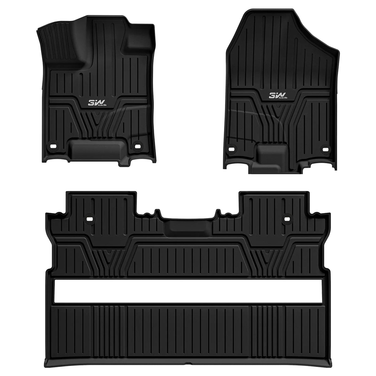 Full set of 3W black custom fit floor mats including driver passenger and 2nd row liner shown above white 2017-2026 Honda Ridgeline pickup truck