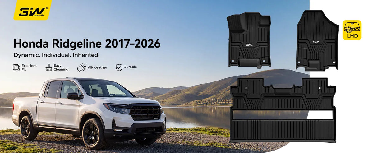 Full set of 3W black custom fit floor mats including driver passenger and 2nd row liner shown above white 2017-2026 Honda Ridgeline pickup truck