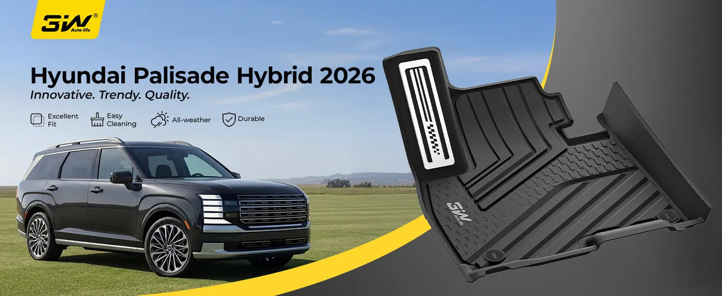 3W Auto-life promotional banner showing a black 2026 Hyundai Palisade Hybrid SUV parked on grass next to a custom-fit black all-weather 3D car floor mat. The text highlights product features including Excellent Fit, Easy Cleaning, All-weather, and Durable.