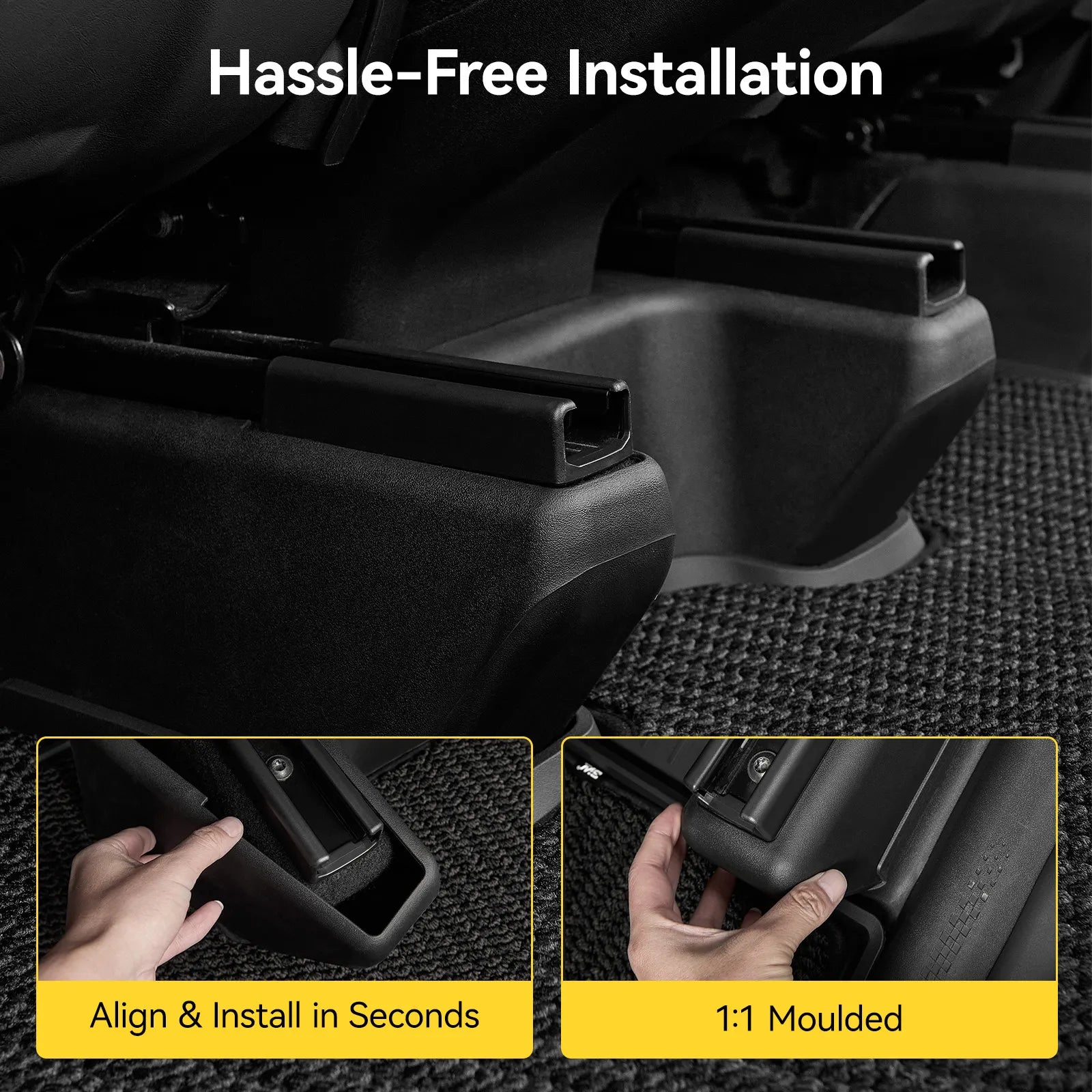 3W custom fit TPE anti-kick seat base corner protectors for 2025-2026 Tesla Model Y Juniper Premium (Long Range) models, showing perfect fit over the flocking area that protects the seat track side edges without blocking tracks.