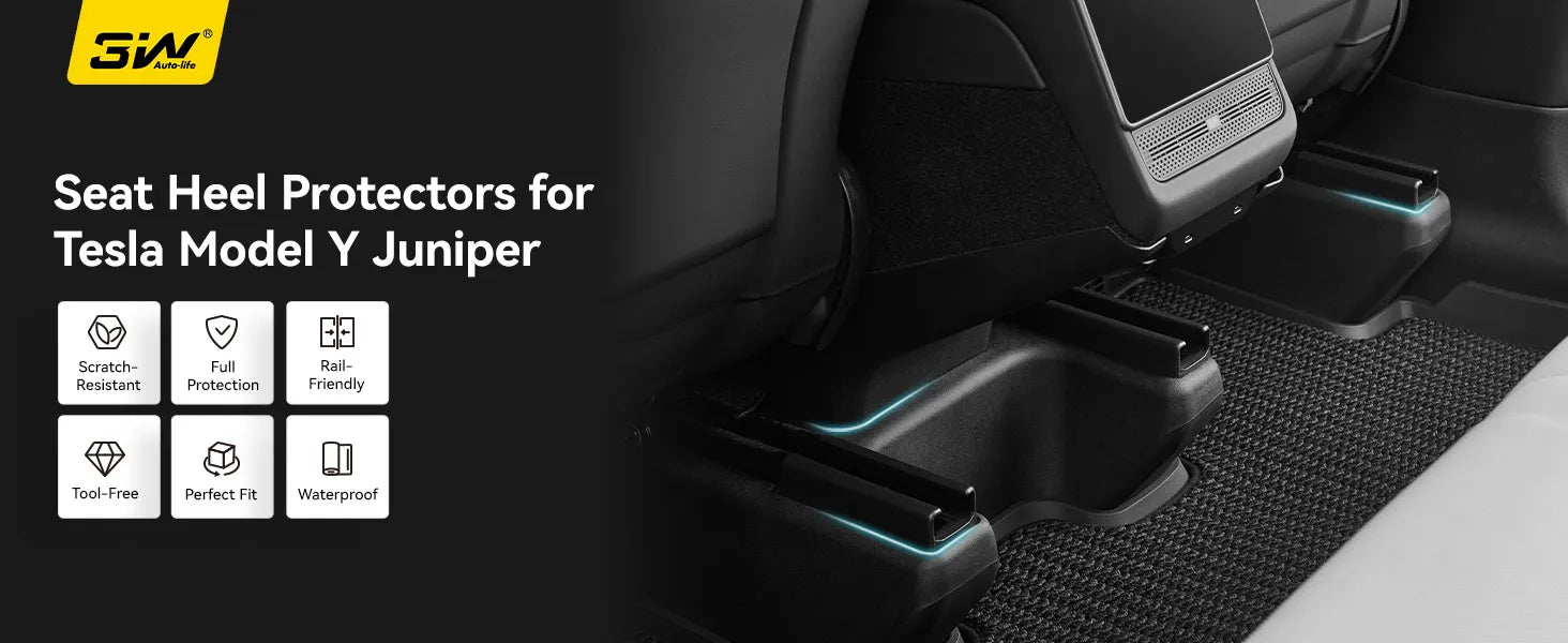 3W custom fit TPE anti-kick seat base corner protectors for 2025-2026 Tesla Model Y Juniper Premium (Long Range) models, showing perfect fit over the flocking area that protects the seat track side edges without blocking tracks.