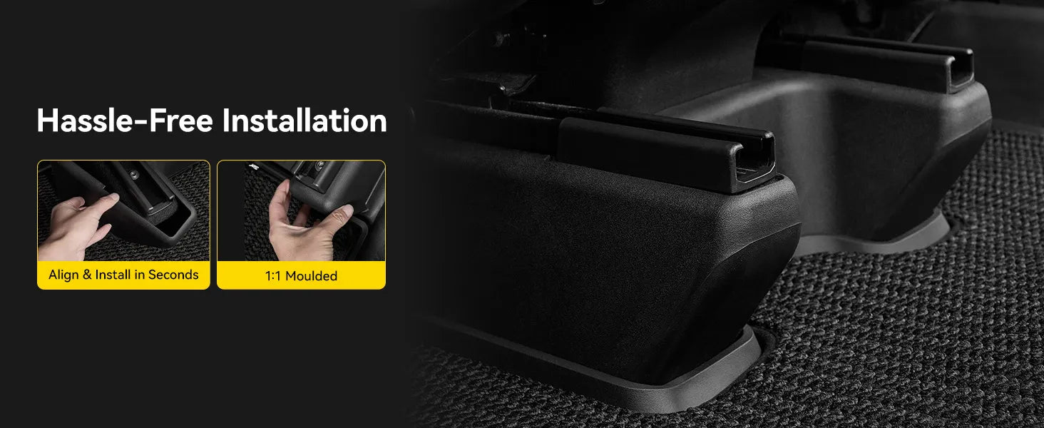 3W custom fit TPE anti-kick seat base corner protectors for 2025-2026 Tesla Model Y Juniper Premium (Long Range) models, showing perfect fit over the flocking area that protects the seat track side edges without blocking tracks.