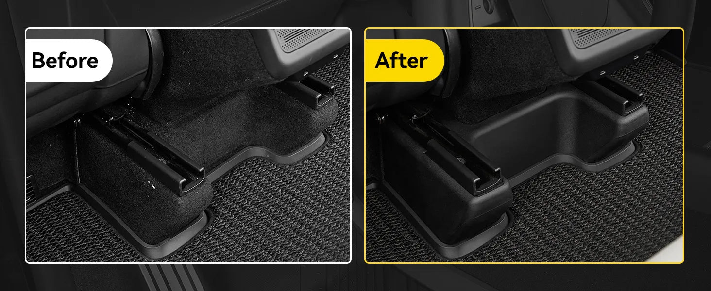 3W custom fit TPE anti-kick seat base corner protectors for 2025-2026 Tesla Model Y Juniper Premium (Long Range) models, showing perfect fit over the flocking area that protects the seat track side edges without blocking tracks.