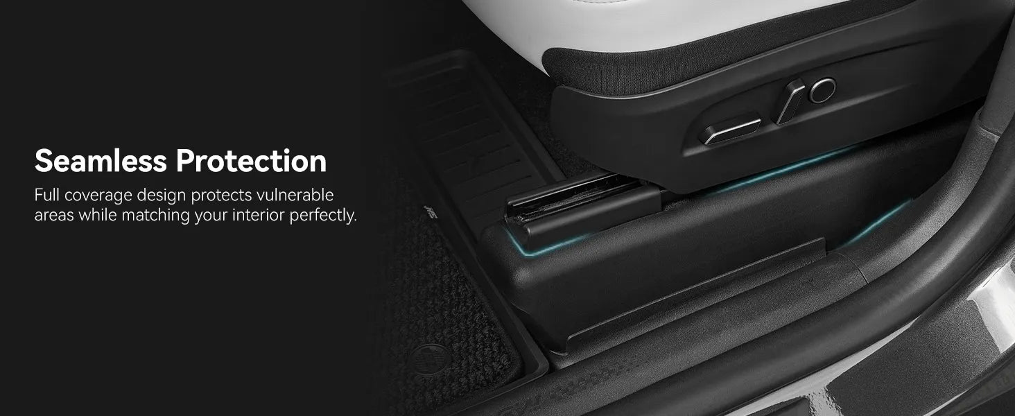 3W custom fit TPE anti-kick seat base corner protectors for 2025-2026 Tesla Model Y Juniper Premium (Long Range) models, showing perfect fit over the flocking area that protects the seat track side edges without blocking tracks.