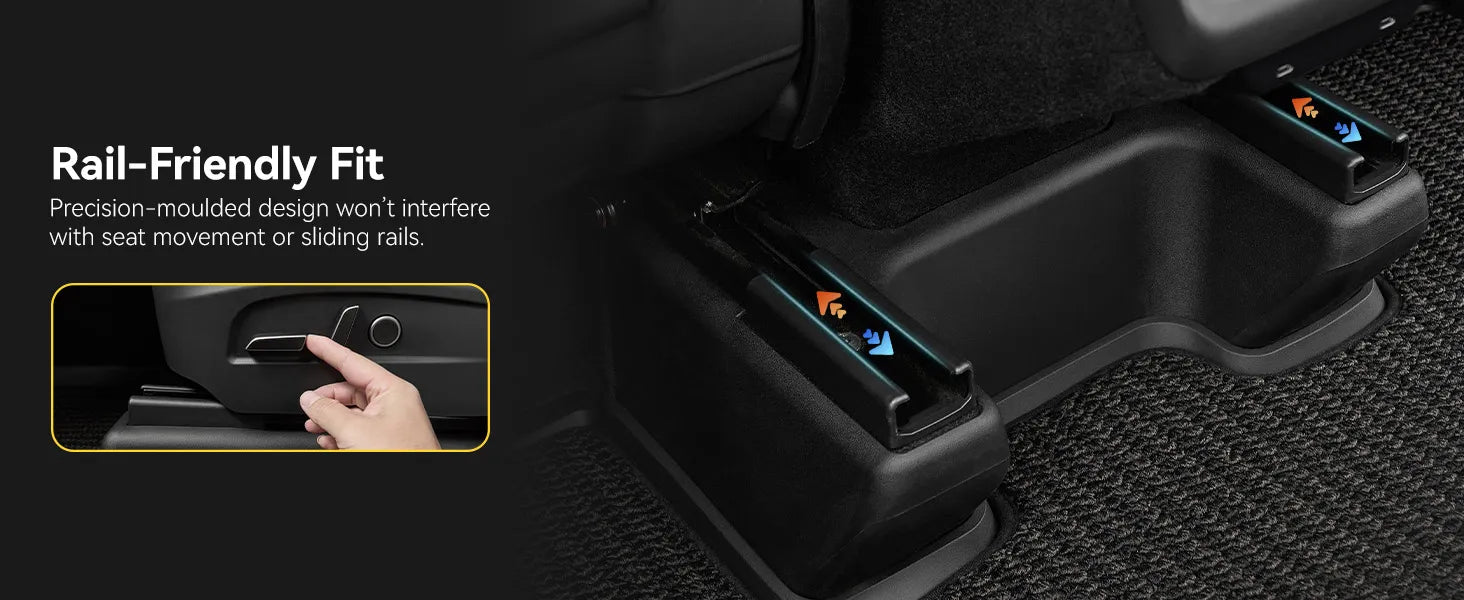 3W custom fit TPE anti-kick seat base corner protectors for 2025-2026 Tesla Model Y Juniper Premium (Long Range) models, showing perfect fit over the flocking area that protects the seat track side edges without blocking tracks.