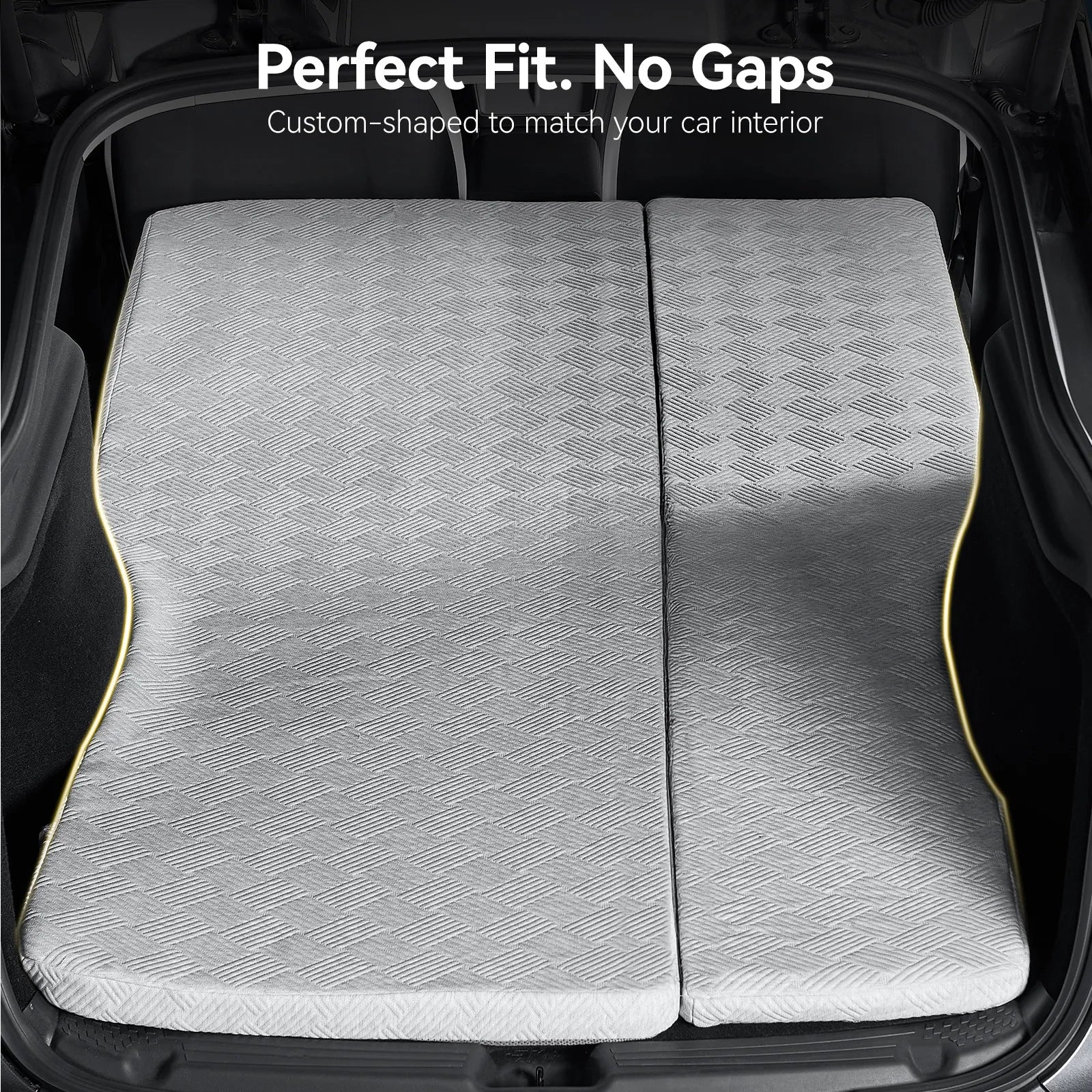 3W custom car camping mattress perfectly fitted inside the trunk of a Tesla Model Y Juniper with no gaps, showing the custom-shaped edges.