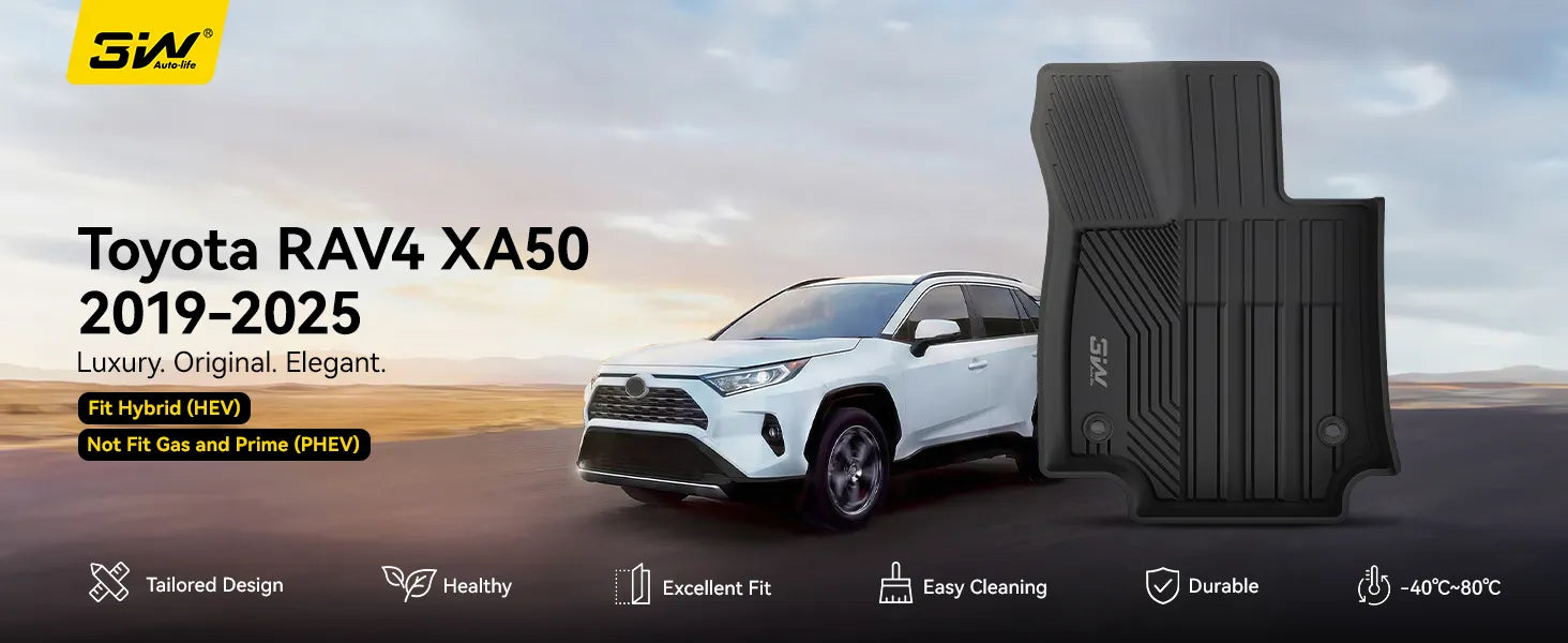 3W custom fit floor mats for Toyota RAV4 XA50 Hybrid (HEV) 2019-2025, all-weather durable black car liners.