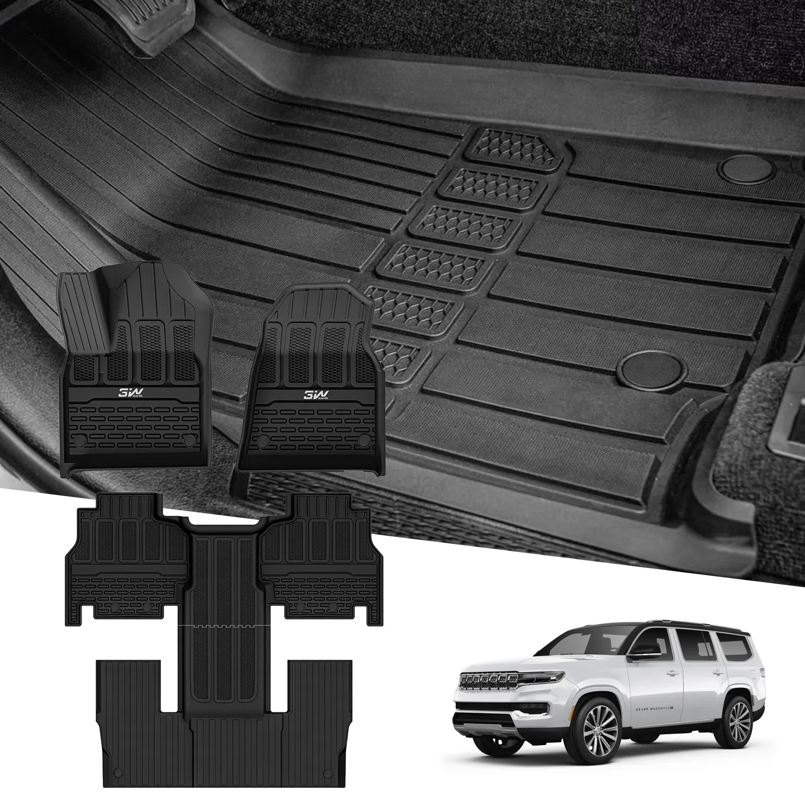 3W Jeep Grand Wagoneer 2022-2024 Custom 7 seat Floor Mat Trunk Mat TPE Material & All-Weather Protection Vehicles & Parts 3Wliners 2022-2024 7-Seat Grand Wagoneer 2022-2024 1st&2nd&3rd Row+Trunk Mat