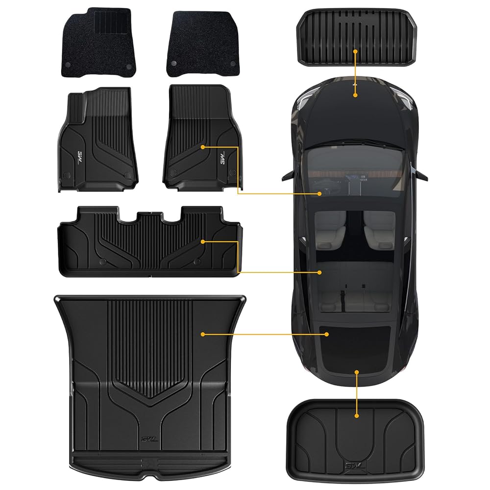 3W Tesla Model Y 2020-2024 Custom Floor Mats / Trunk Mats TPE Material & All-Weather Protection 5-Seater Vehicles & Parts 3Wliners 2020-2024 Model Y 2020-2024 Full Set - 6 PCS & Carpets