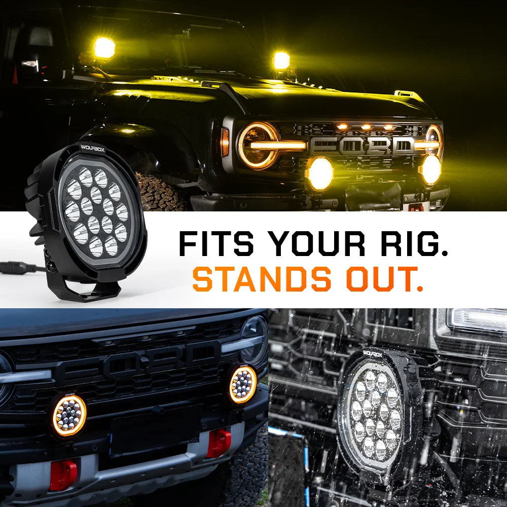 NomadRover 7" pods installed on Ford Bronco front bumper and A-pillars.