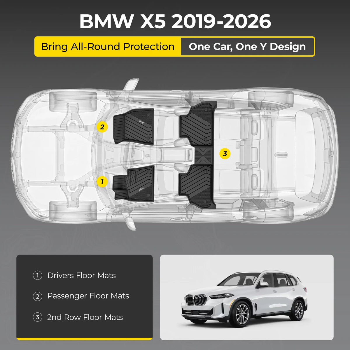 3W BMW X5 2019-2026 Custom Floor Mats / Trunk Mat TPE Material & All-Weather Protection Vehicles & Parts 3Wliners 2019-2025 X5 2019-2025 1st&2nd Row Mats Car Accessories Black