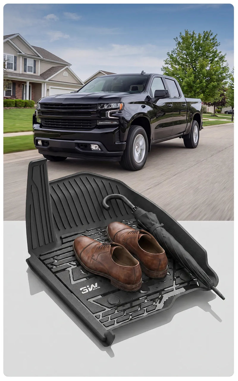 3W Floor Mats Fit for 2019-2026 Chevy Silverado/GMC Sierra Denali 1500 & 2020-2026 GMC Sierra 2500/3500 HD Crew Cab TPE All Weather Floor Liner, Fit for 2nd Row with Factory Carpeted Storage