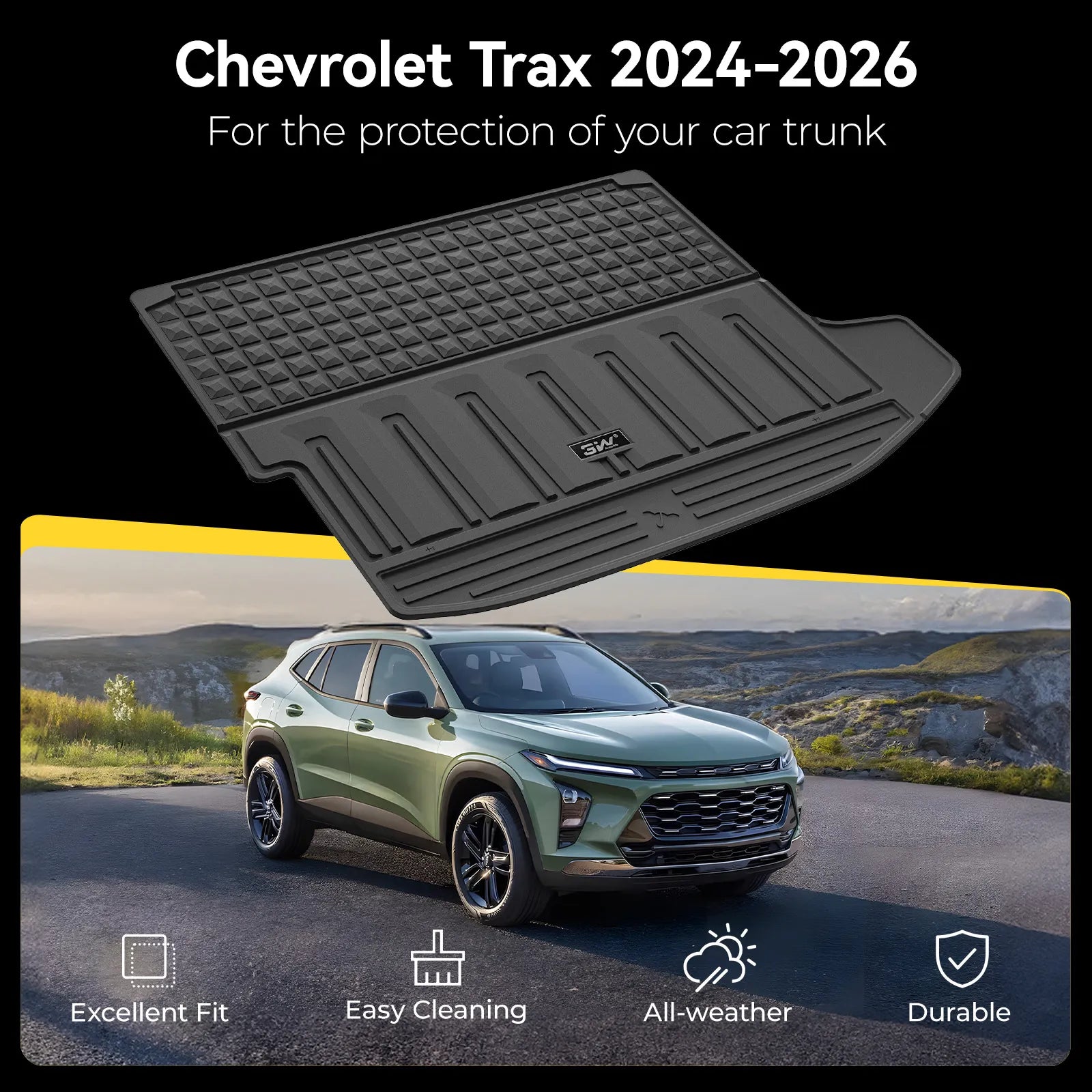 3W Cargo Liner for Chevy Trax 2024 2025 2026, All Weather TPE Custom Fit Floor Mats for Cars, Car Mats Trunk Mat for Chevy Trax Accessories, Black