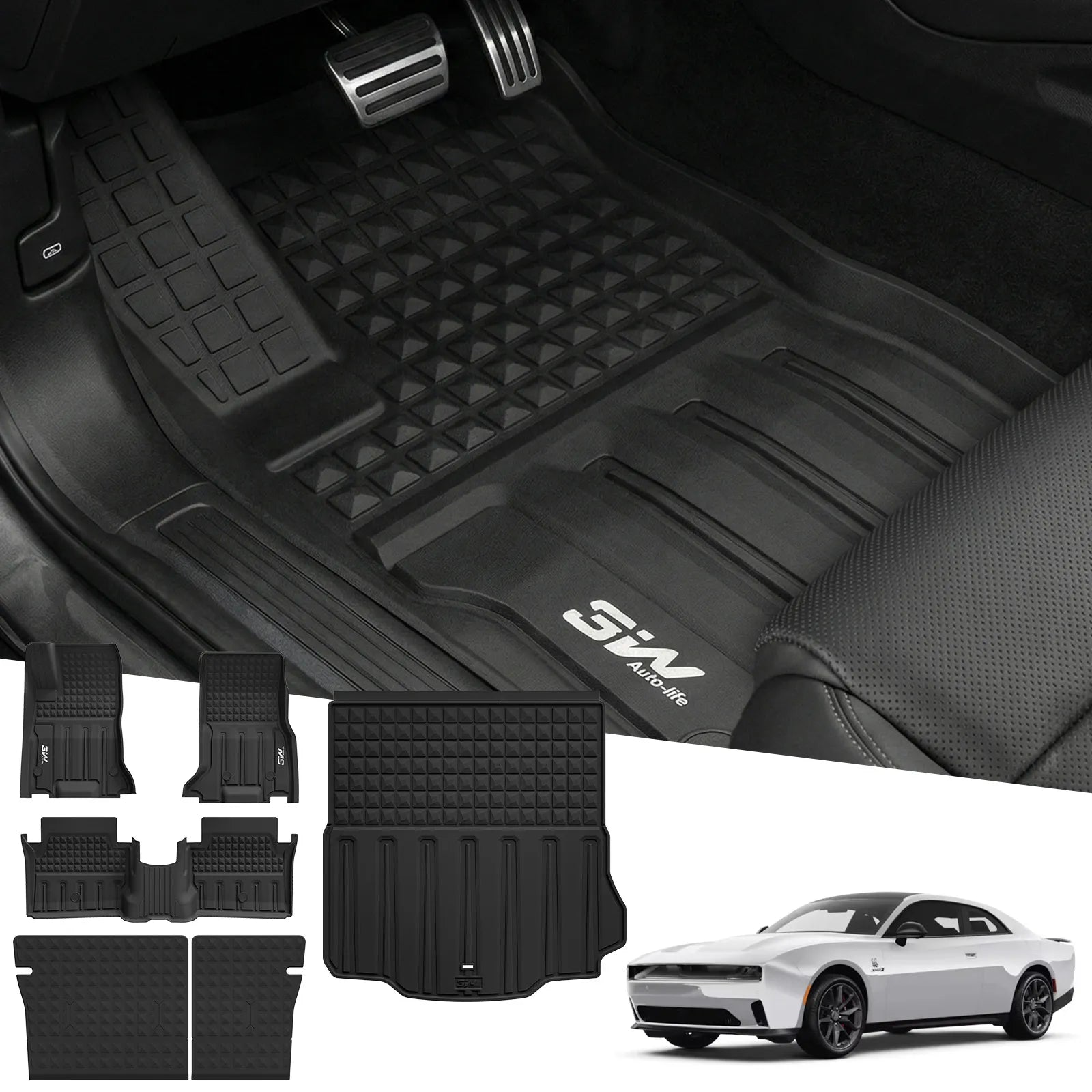3W Floor Mats & Cargo Liner & Seatback Mats for 2024-2025 2026 Dodge Charger EV Daytona (Fit 2-Door, Not for 4-Door) Scat Pack & R/T, All Weather TPE Custom Fit Car Mats Floor Liners Full Set, Black