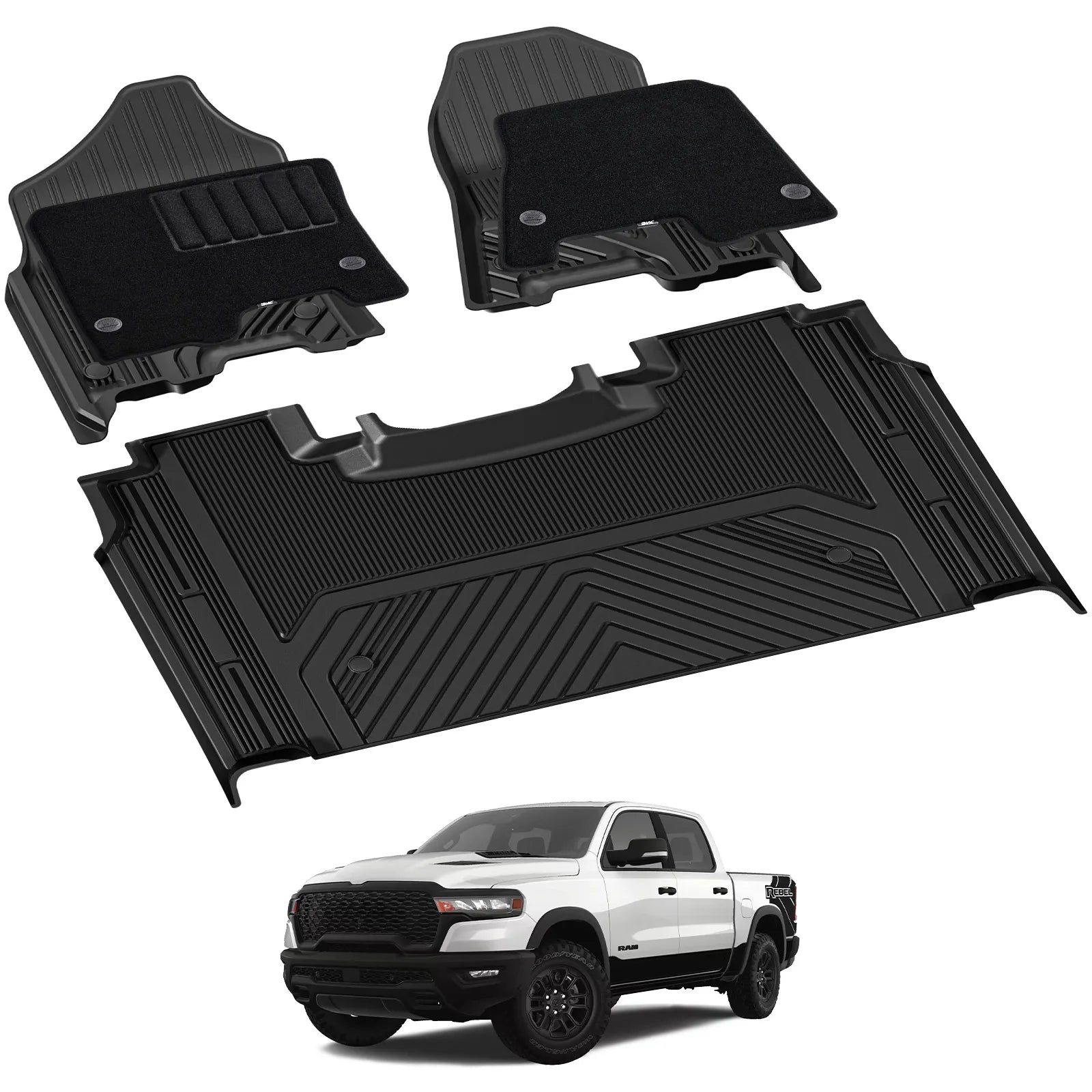 3W Floor Mats Fit for 2019-2024 Dodge Ram 1500 Crew Cab New Body (NOT Classic Models) with Original Storage All Weather TPE Accessories Custom Fit Dodge Ram 1500 Floor Liner Full Set Car Mats