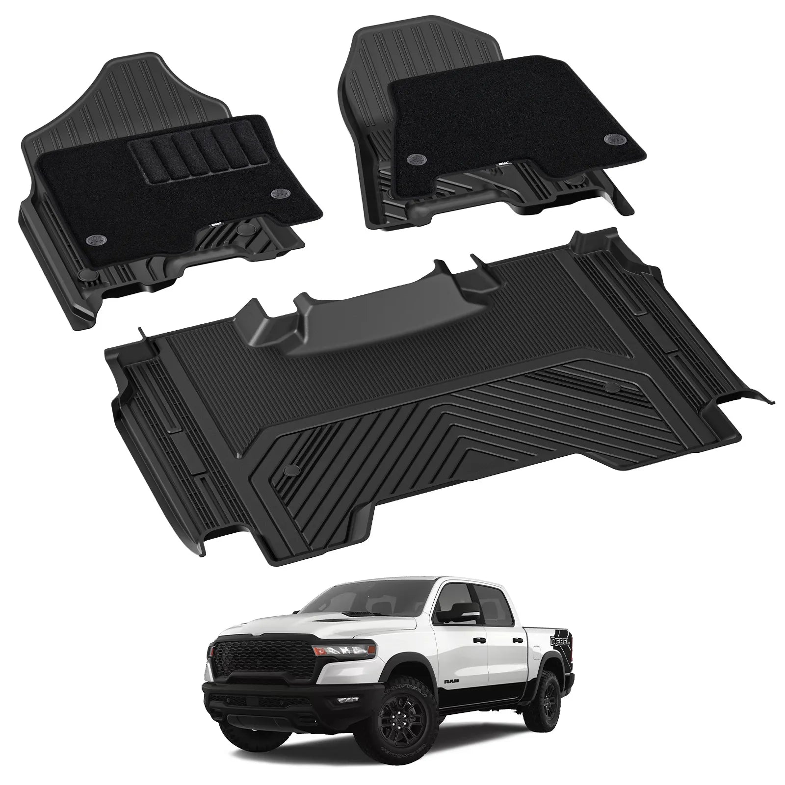 3W Floor Mats Fit for 2019-2024 Dodge Ram 1500 Crew Cab New Body (NOT Classic Models) Without Storage, TPE All Weather Custom Fit Floor Liner for Ram 1500, 1st and 2nd Row Full Set Car Mats