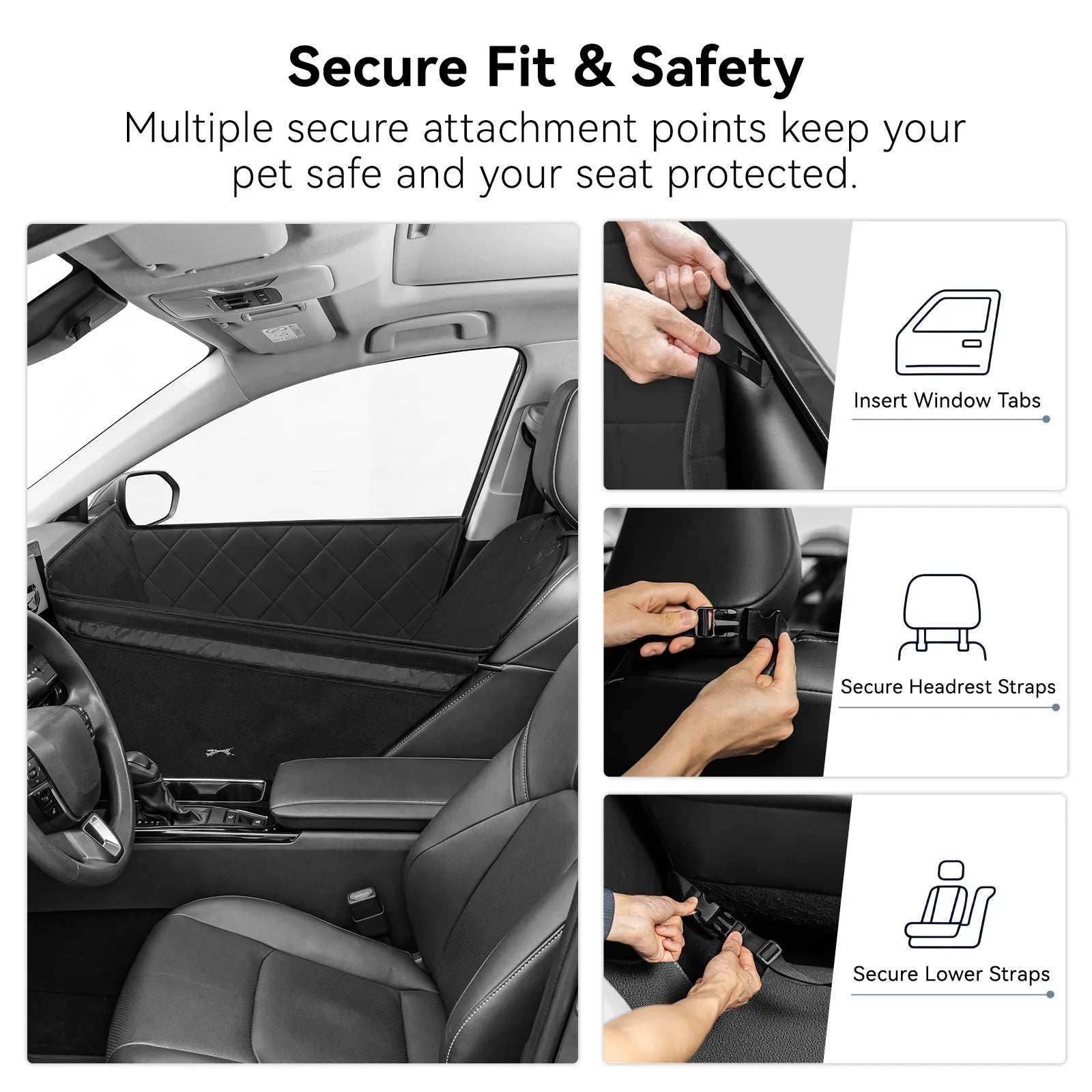 Front Seat Dog Car Seat with Safety Buckle Detachable & Waterproof Car Door Full Protection Pet Scratch-Proof Black Passenger Seats Cover Protector for SUV Trucks