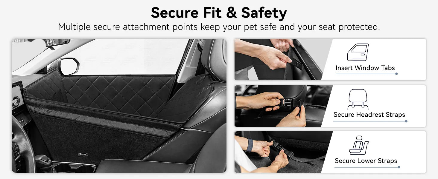 Front Seat Dog Car Seat with Safety Buckle Detachable & Waterproof Car Door Full Protection Pet Scratch-Proof Black Passenger Seats Cover Protector for SUV Trucks