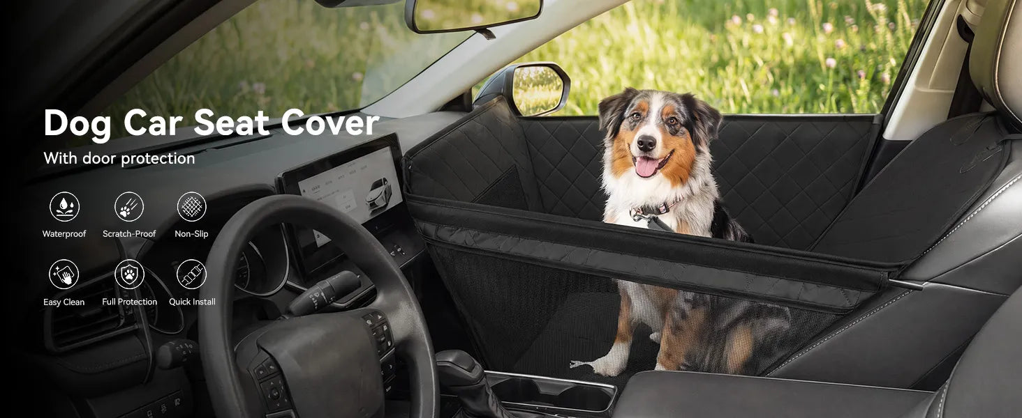 Front Seat Dog Car Seat with Safety Buckle Detachable & Waterproof Car Door Full Protection Pet Scratch-Proof Black Passenger Seats Cover Protector for SUV Trucks