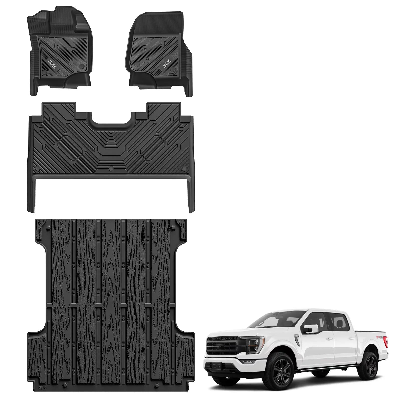3W All-Weather Floor Mats Bed Mats Set Fit Ford F150 / F-150 Lightning SuperCrew Cab 2015-2025 (with Original Folding Under-Seat Storage Box) - 3Wliners