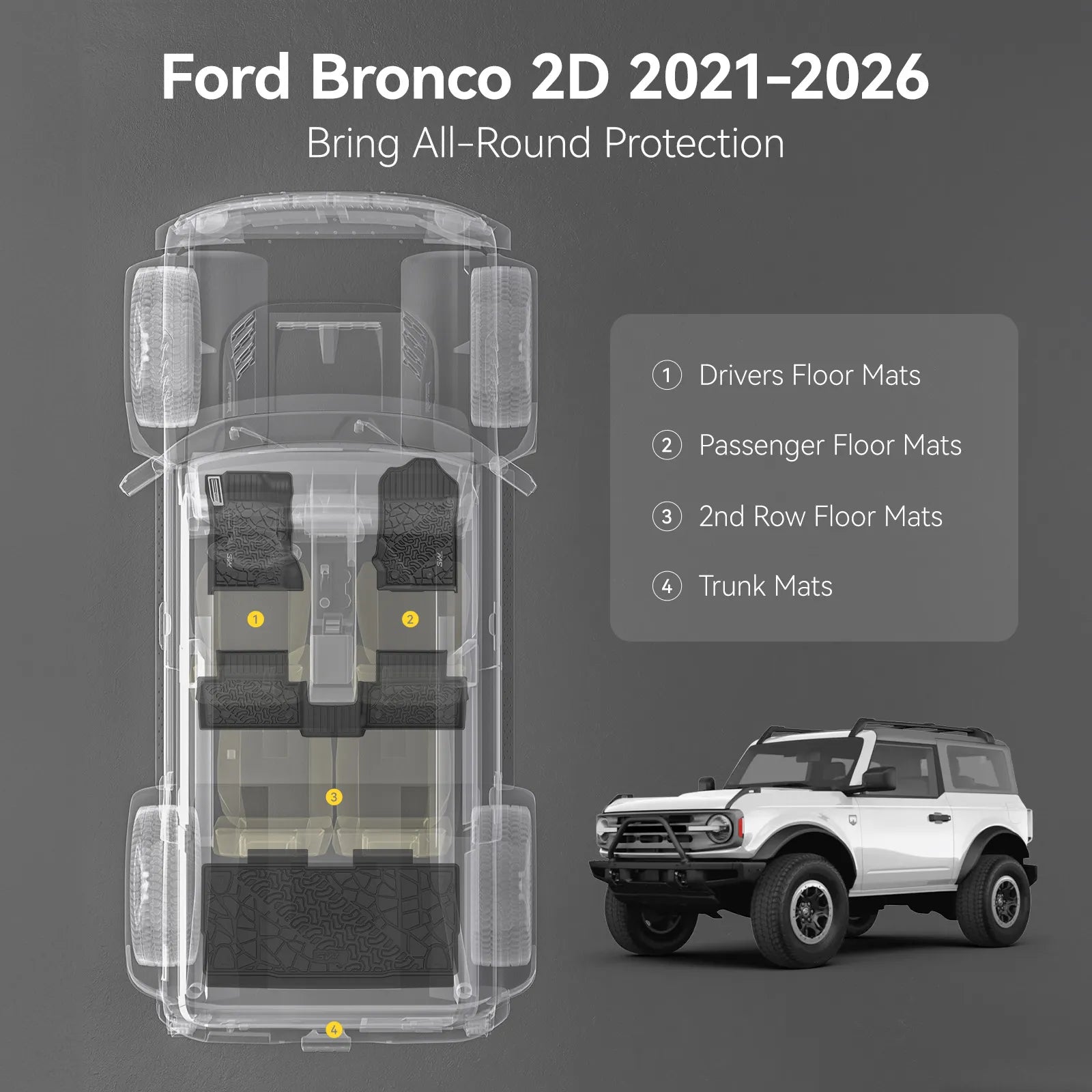 3W Ford Bronco 2-Door 2021-2025 Floor Mats Trunk Mats Thorex™ All-Weather Protection - 3Wliners
