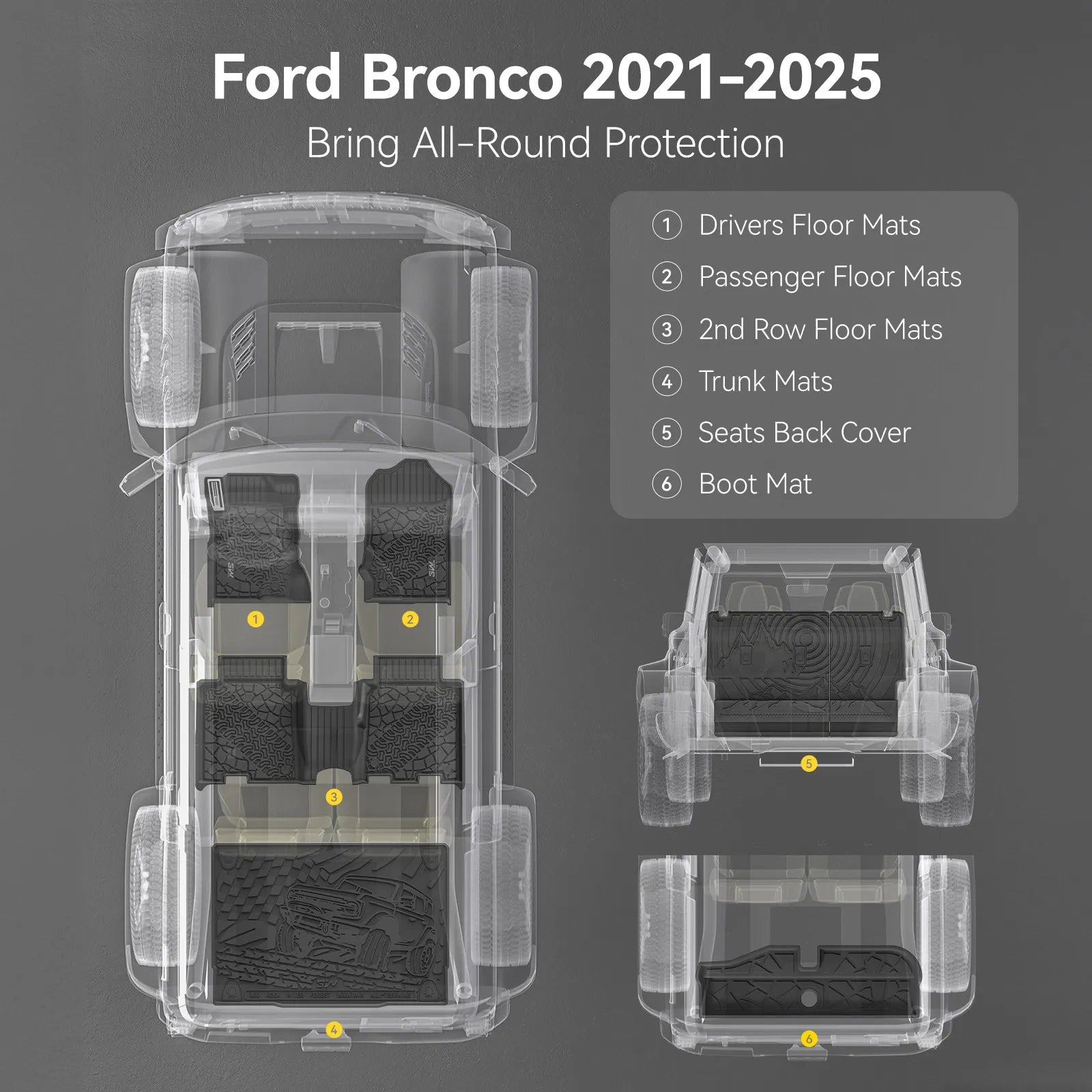 3W Ford Bronco 4-Door 2021-2025 Floor Mats / Trunk Mat Thorex™ All-Weather Protection - 3Wliners