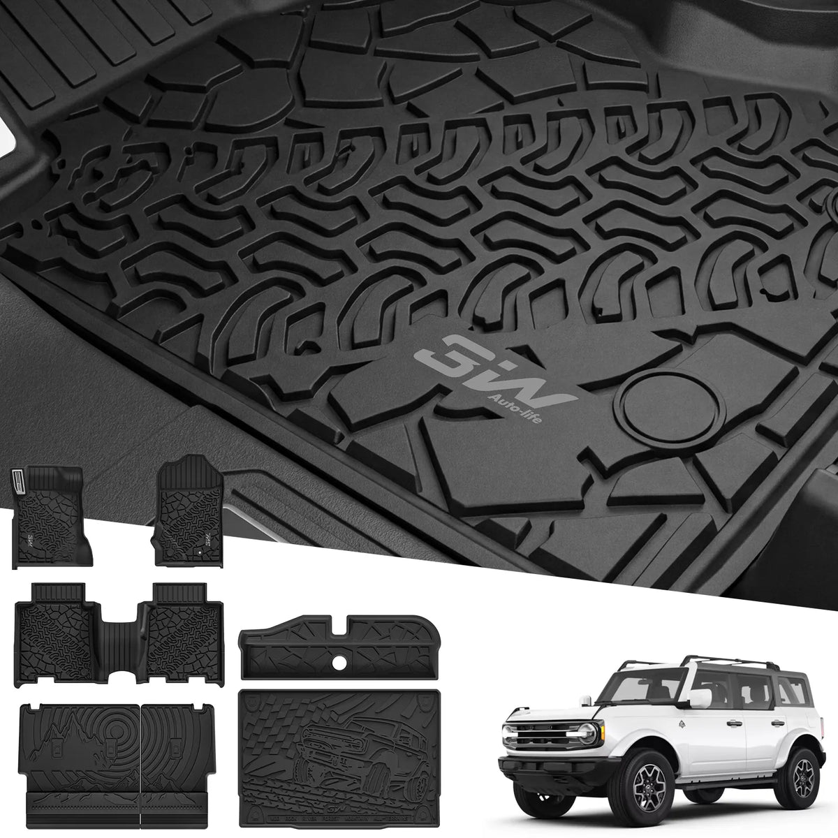 3W Floor Mats with Metal Pedal for 2021-2025 2026 Ford Bronco 4-Door
Full Protection include underfloor storage mat,All Weather TPE Custom Fit Bronco Floor Liners Cargo Liner Seat Back Protector Set