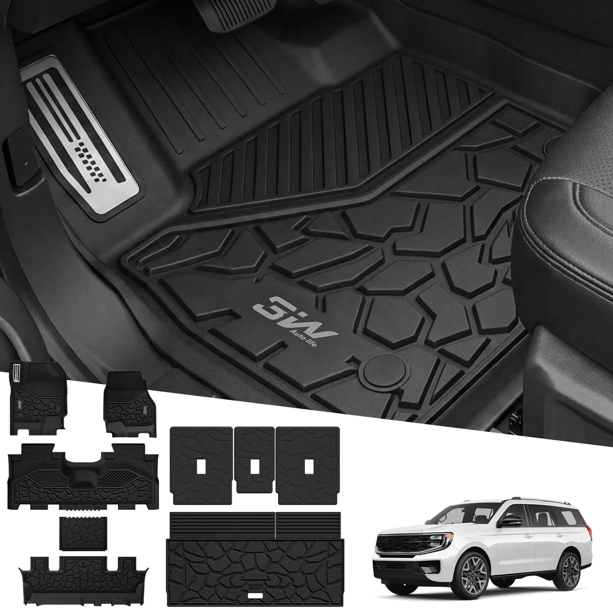 3W All-Weather Custom Fit Floor Mats for 2025-2026 Ford Expedition 7 Seats, Odorless TPE Heavy Duty Car Liners, Waterproof Anti-Slip Protection Full Set Cargo Liner Seat Back Protector