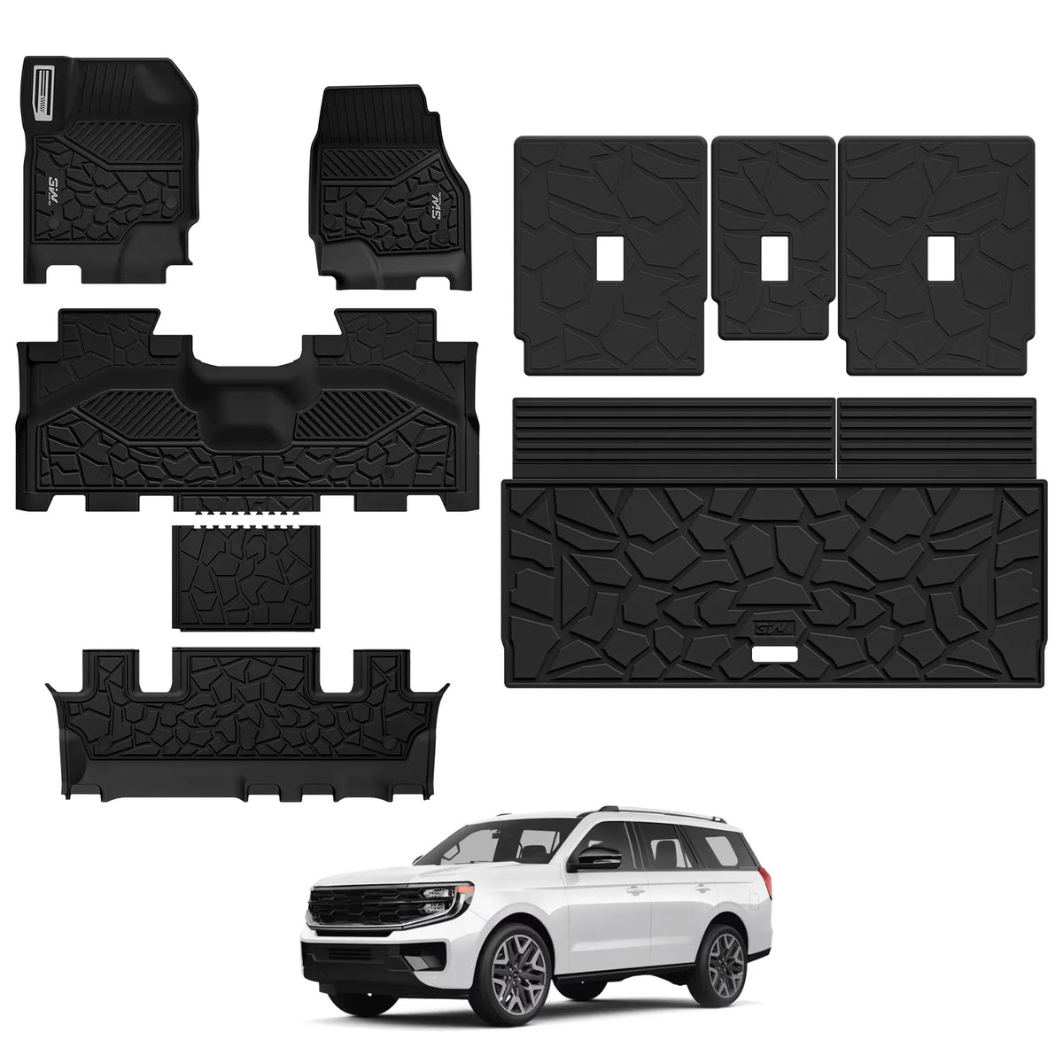 3W All-Weather Custom Fit Floor Mats for 2025-2026 Ford Expedition 7 Seats, Odorless TPE Heavy Duty Car Liners, Waterproof Anti-Slip Protection Full Set Cargo Liner Seat Back Protector