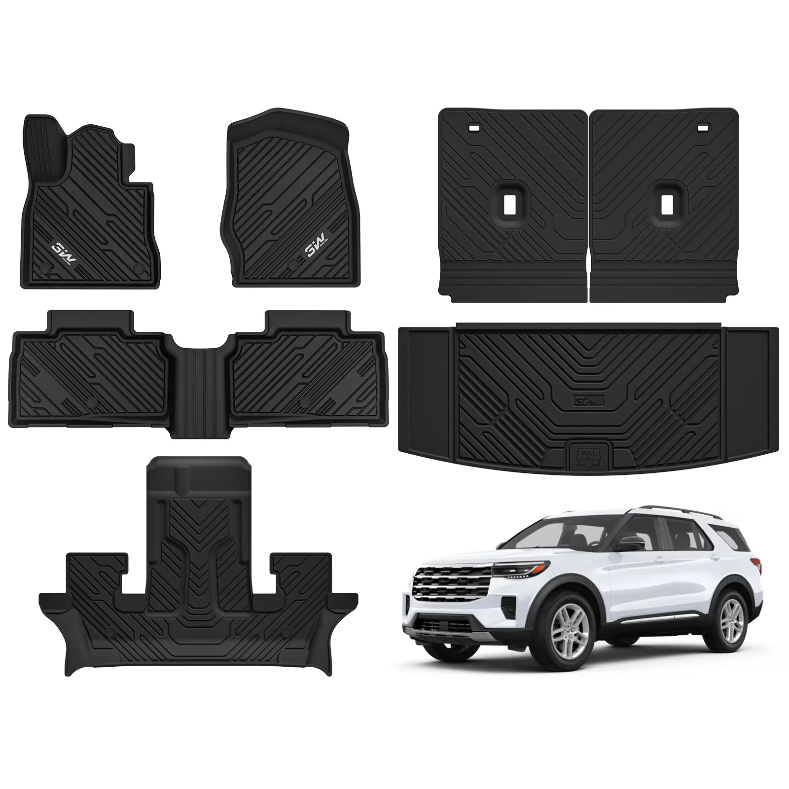 3W Floor Mats & Cargo Liner with Backrest Mats for Ford Explorer 2022-2025 2026 6 Passenger, Custom Fit All Weather Protector TPE Easy Clean Floor Liners, Full Set Black