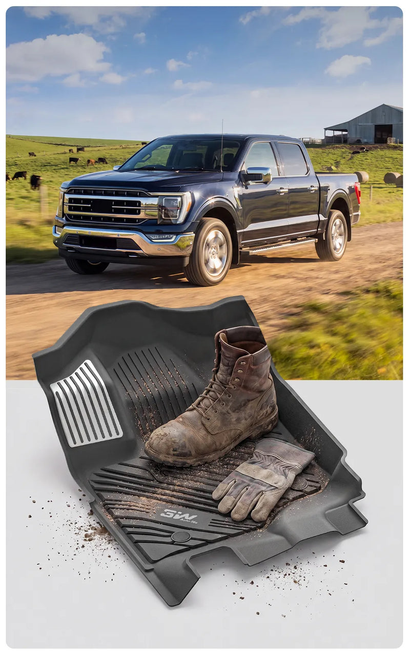 3W Floor Mats for Ford F-150 2015-2026 & F150 Lightning 2022-2025 SuperCrew, TPE All Weather Custom Fit, Heavy Duty, Easy Clean - Black