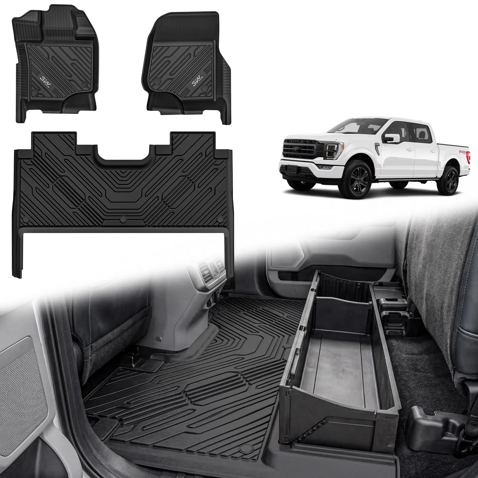3W All-Weather Floor Mats Fit Ford F150 / F-150 Lightning SuperCrew Cab 2015-2025 (with Original Folding Under-Seat Storage Box) - 3Wliners
