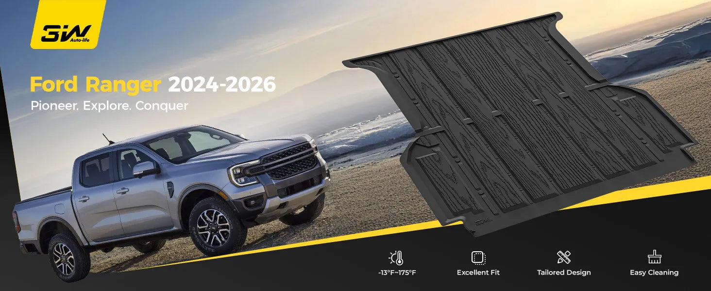 3W Ford Ranger SuperCrew 2024-2026 Bed Liners 5FT TPE Cuatom Bed Mat Durable& Easy to Clean