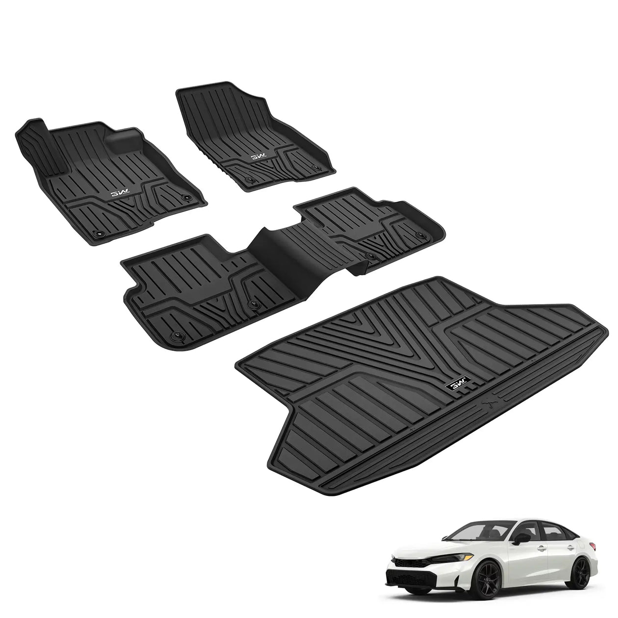 3W Honda Civic 2022-2025 (Not Fit Hybrid/Manual/Hatchback) Custom Floor Mats Cargo Liner TPE Material & All-Weather Protection