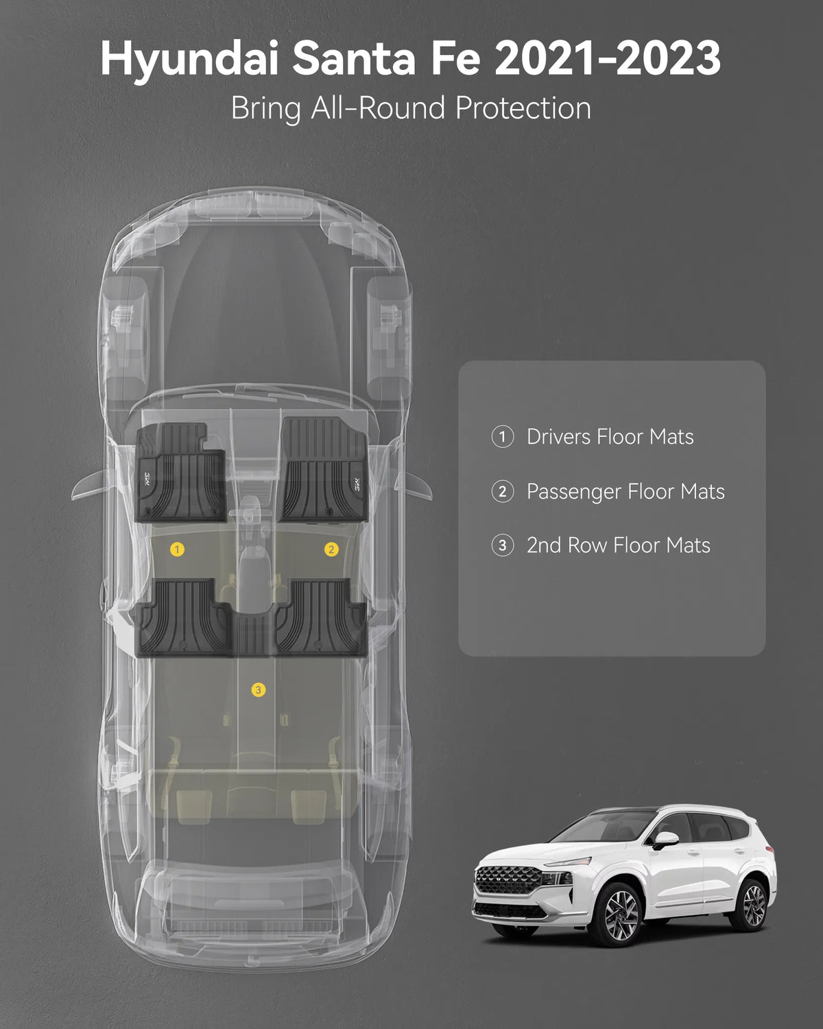 3W Floor Mats Fit 2021-2023 Hyundai Santa Fe Gas, TPE All-Weather
Custom Fit 1st & 2nd Row Liners, No Gaps No Odor, Black