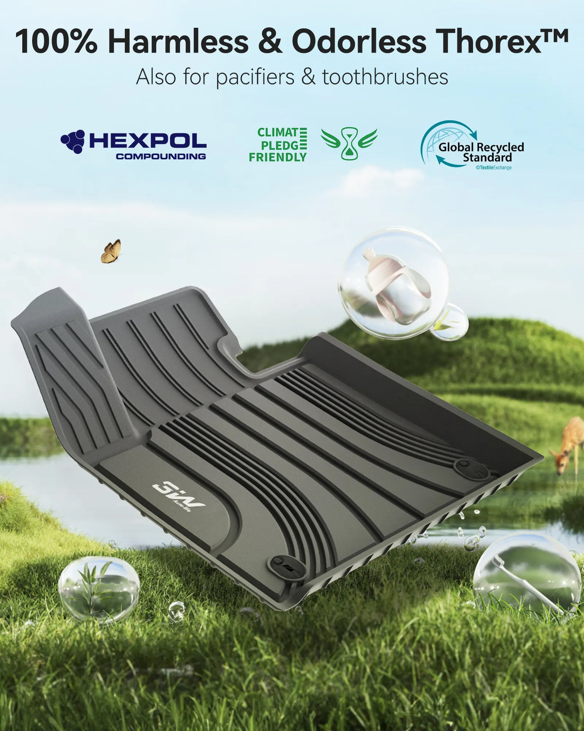 3W Floor Mats Fit 2021-2023 Hyundai Santa Fe Gas, TPE All-Weather
Custom Fit 1st & 2nd Row Liners, No Gaps No Odor, Black