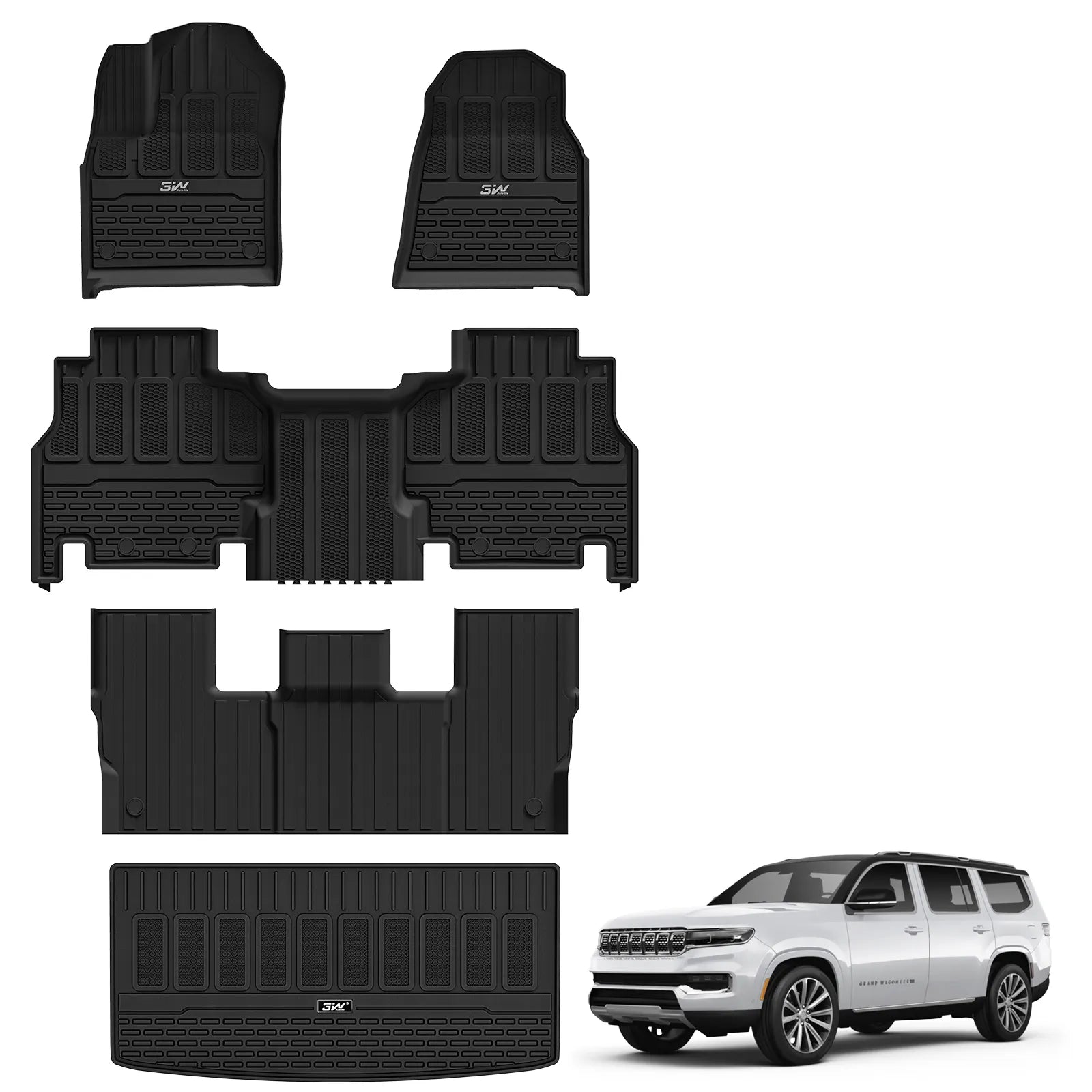 3W Floor Mats & Cargo Liner Fit for Jeep Grand Wagoneer 2022 2023 2024 2025 2026 8 seat (Only Fit Wagoneer 8s), TPE Custom Fit Wagoneer Floor Liner for 1-3 Rows and Trunk Mats Full Set Car Accessories