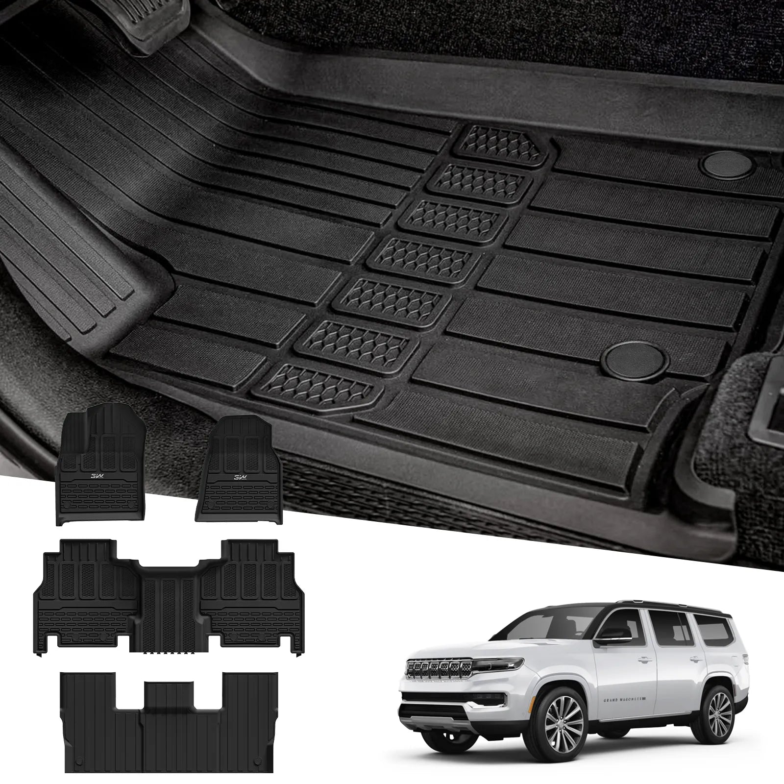 3W Floor Mats Fit for Jeep Grand Wagoneer/Grand Wagoneer L 2022-2025 2026 8 seat (Not Fit for 7 seat), All Weather TPE Floor Liner for 1-3 Rows Full Set Car Mats Black