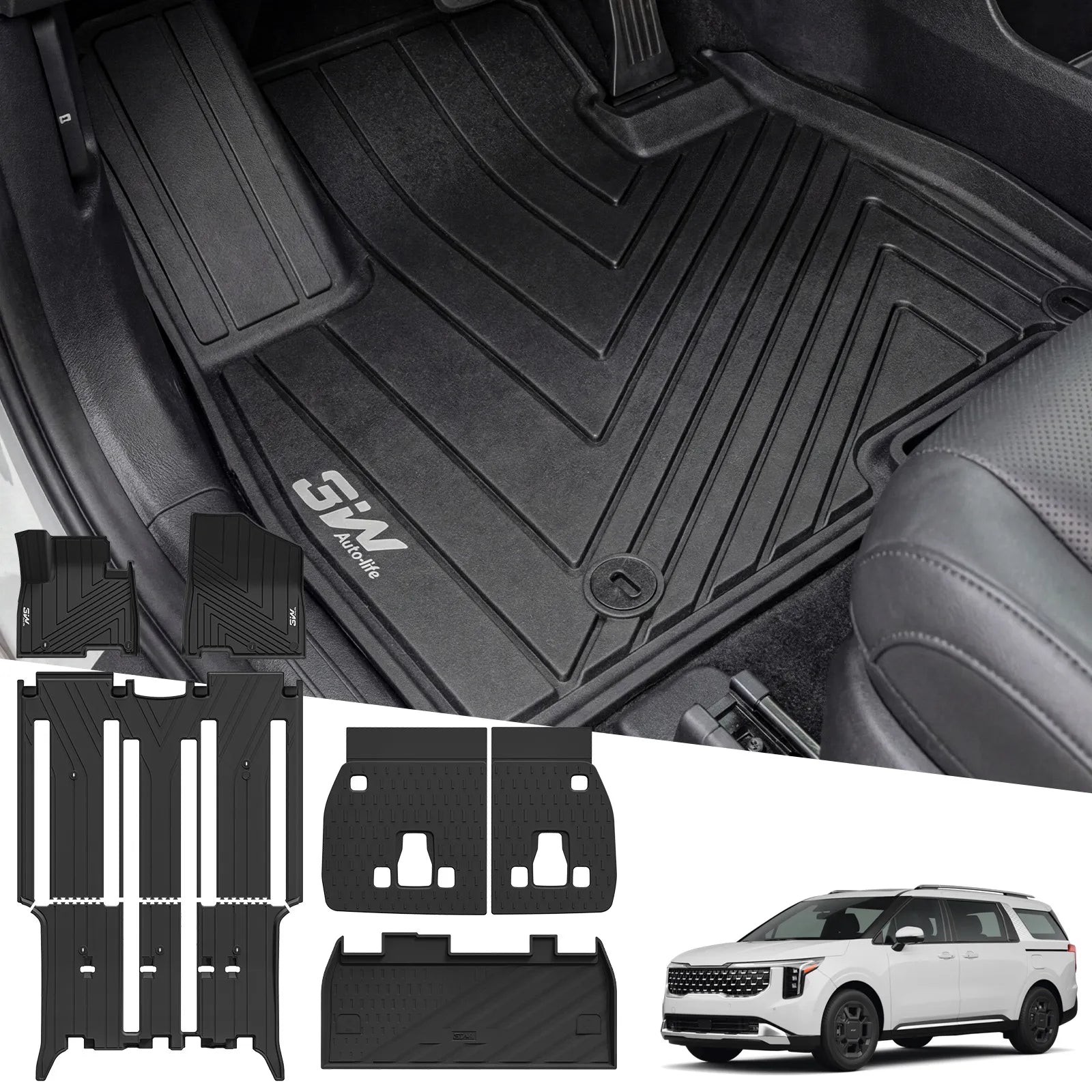 3W Floor Mats & Seatback Mats & Cargo Liner for Kia Carnival Gasoline Model & 8-Seat 2022-2026, Custom Fit All Weather TPE Full Set Floor Liner Trunk Mat with Backrest Mats Accessoires, Black